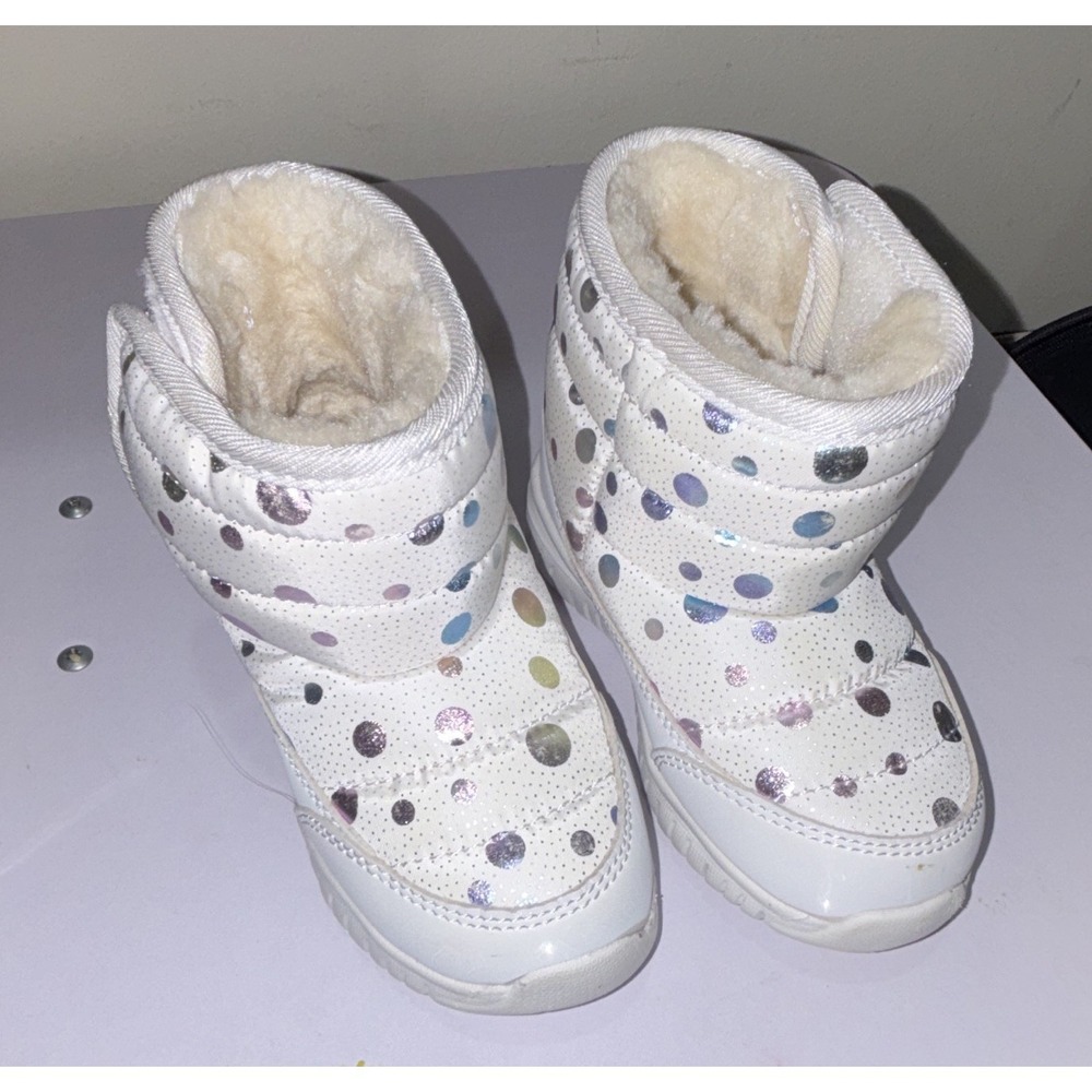 HOBIBEAR Unisex Kids Snow Boots White Polka Dot Faux Fur Lined Hook & Loop 6